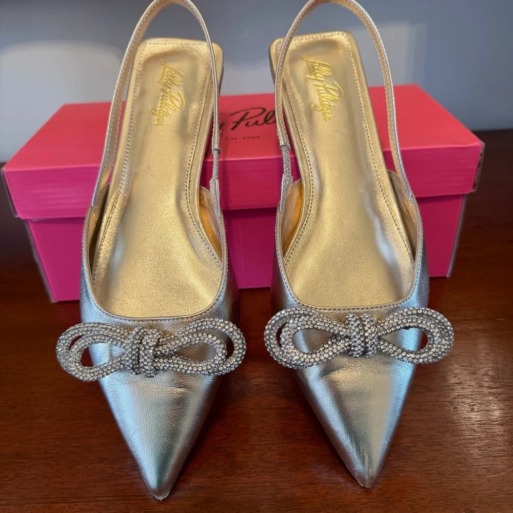 Lilly Pulitzer Brit Gold Rhinestone Bow Slingback Flats Size 9